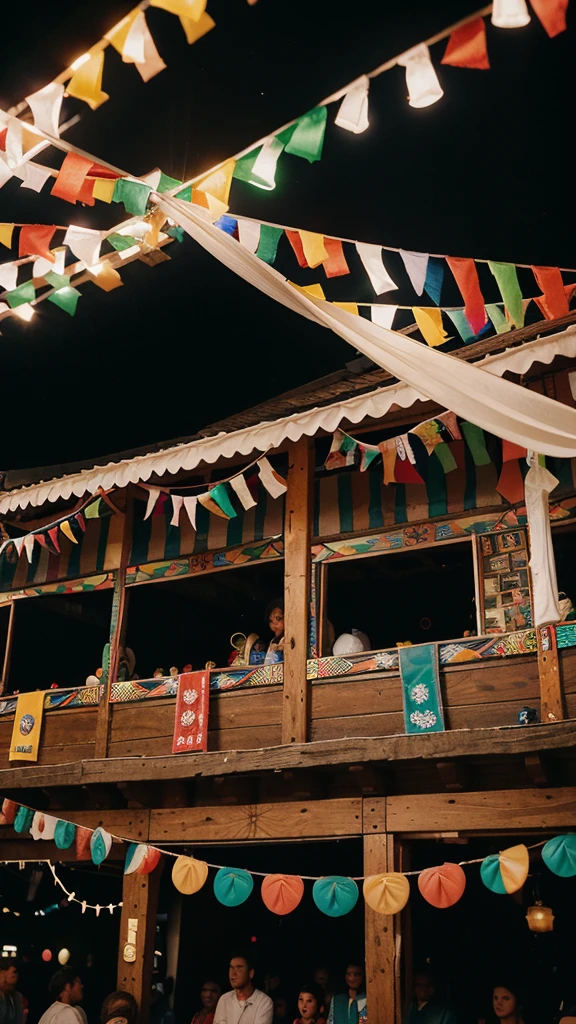 At night, A close-up shot of a traditional Festa Junina game booth. The booth is decorated with colorful ribbons and flags, with plush toys and small prizes hanging around. The game features a ring toss setup, with a few rings mid-air as participants try their luck. Camera Type: DSLR. Lens: 50mm f/1.8. Exposure Settings: ISO 640, f/2.2, 1/125s. Lighting:*
Soft ambient lighting from the surrounding booths. Composition: The booth is framed tightly to focus on the action and the colorful decorations, capturing the excitement of the game.