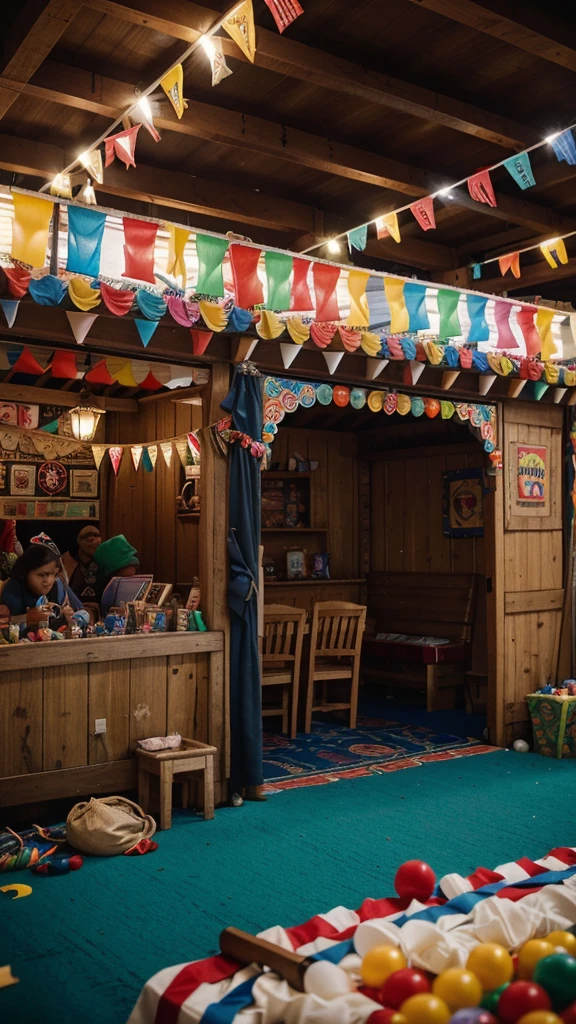 At night, A close-up shot of a traditional Festa Junina game booth. The booth is decorated with colorful ribbons and flags, with plush toys and small prizes hanging around. The game features a ring toss setup, with a few rings mid-air as participants try their luck. Camera Type: DSLR. Lens: 50mm f/1.8. Exposure Settings: ISO 640, f/2.2, 1/125s. Lighting:*
Soft ambient lighting from the surrounding booths. Composition: The booth is framed tightly to focus on the action and the colorful decorations, capturing the excitement of the game.