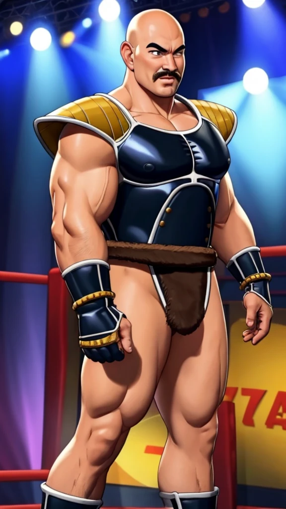 nappa, male focus, solo,cowboy shot, 1boy, bald, muscular male, abs ,black vambraces, veins, pectorals, thighs, black eyes, shoulder armor , knee armor , nipple , mustache, ( Nude ) , tail around waist, (best quality, masterpiece) , NSFW , BDSM , full body , boxing gloves , black boots , strip club stage , blushing face , ashamed face