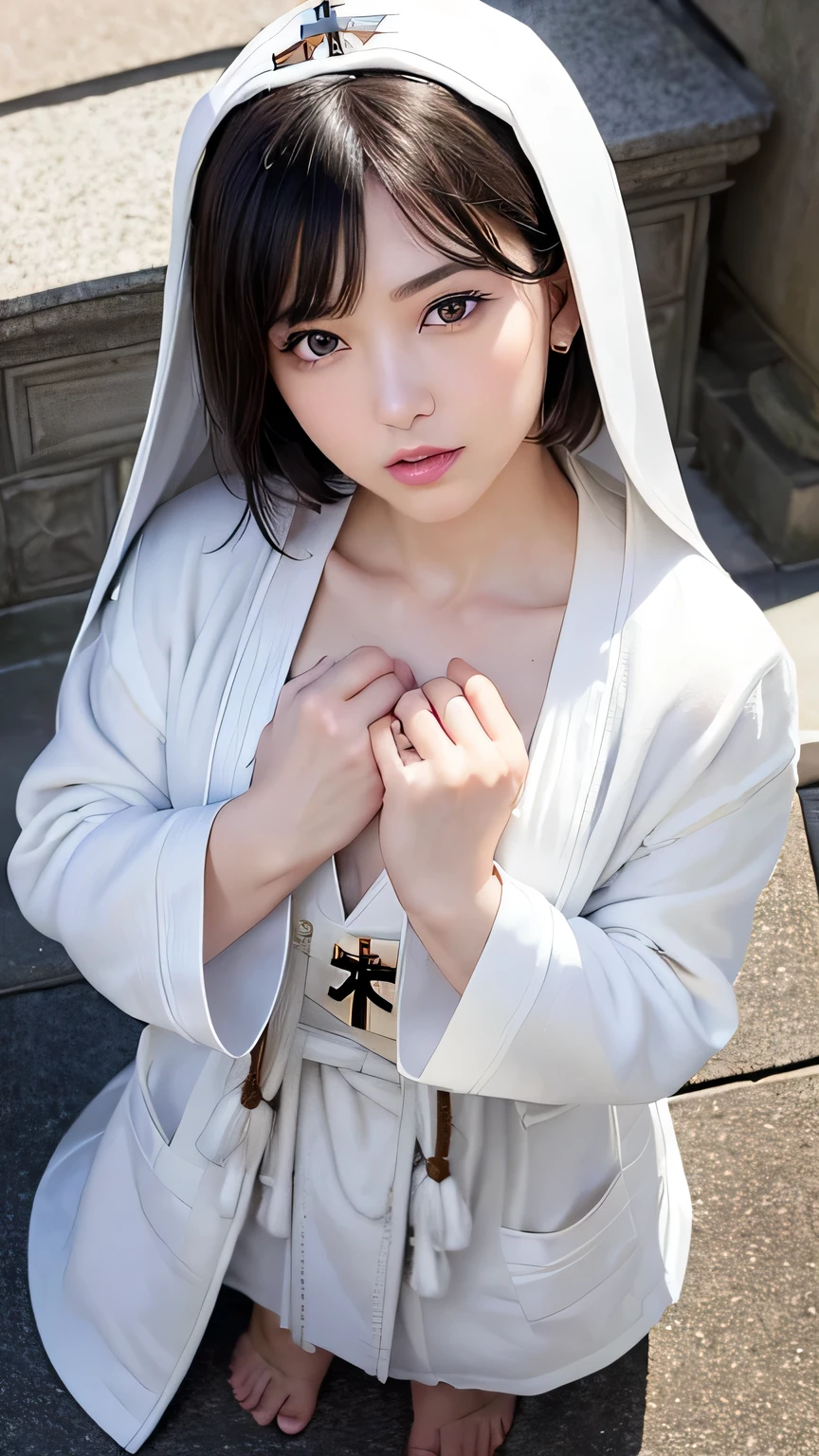 Non-NSFW、Realistic、Highest quality、Highest quality、masterpiece、Ultra-high resolution、RAW Photos、Realistic、Bright lighting、Face Light、Smooth Professional Lighting、Looking into the camera、alone、Adult female、Beautiful woman、Super Beauty、realistic skin、Moisturized Skin、Realistic eyes and faces、Perfect model body shape、Beautiful Eyes、Big eyes、Inconspicuous tear bags、slim、no good、Beautiful fingers、short bob hair、Black Hair、blue eyes、Looks happy、(Both ears are hidden by hair)、Fantasy World、Medieval Europe、saint、(((Holy Priestess)))、Inside the temple、(Saint's pure white costume:1.2), Small Ass, (chest:1.3), A konigsreuter, (front open white Priest's robe:1.6),(from above:1.6)
