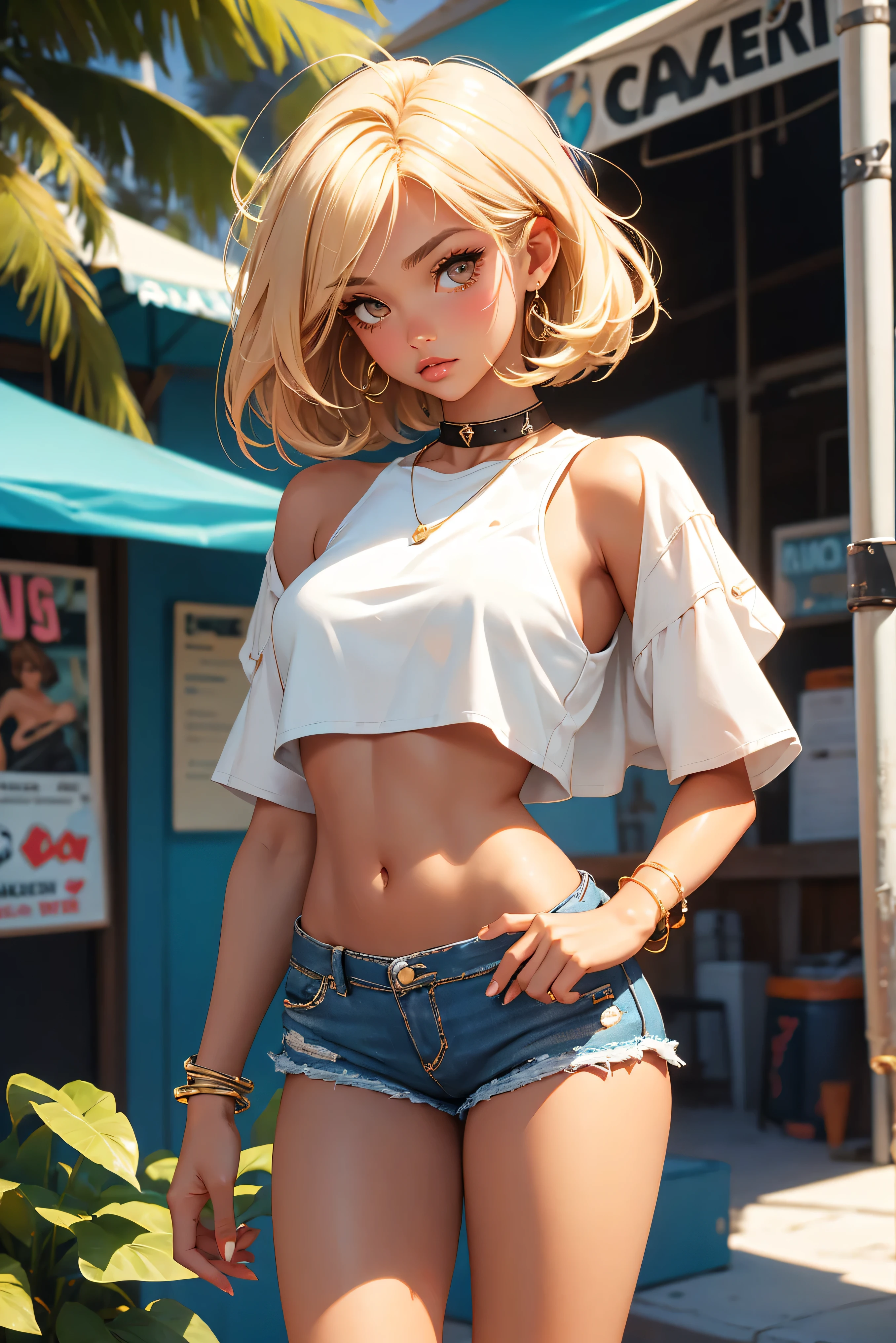 Teenage girl-model 18 years old, beautiful, tanned, blonde, bob hair, bangs, brown eyes, beautiful figure, girl wearing crop shirt and too short mini shorts, beautiful long legs, slave bracelets, slave choker, manicure, cute makeup, flirtatiously posing, hot summer, hot flirty, sexy posing, summer outfit, top quality, higest quality, pin-up style, retro 80s style, Daisy Dukes style, slave girl, Miami vibes