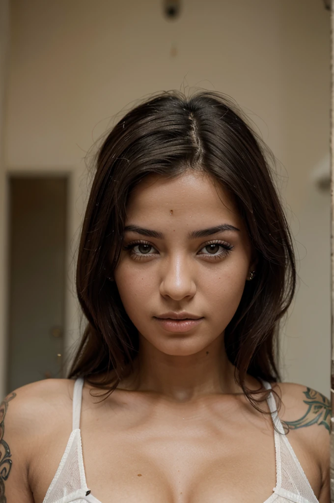 belle femme marocaine 22 ans avec les cheveux boucle, yeux vert . avec un tatouage sur le visage sous l'œil gauche  et en tenu ville large 

