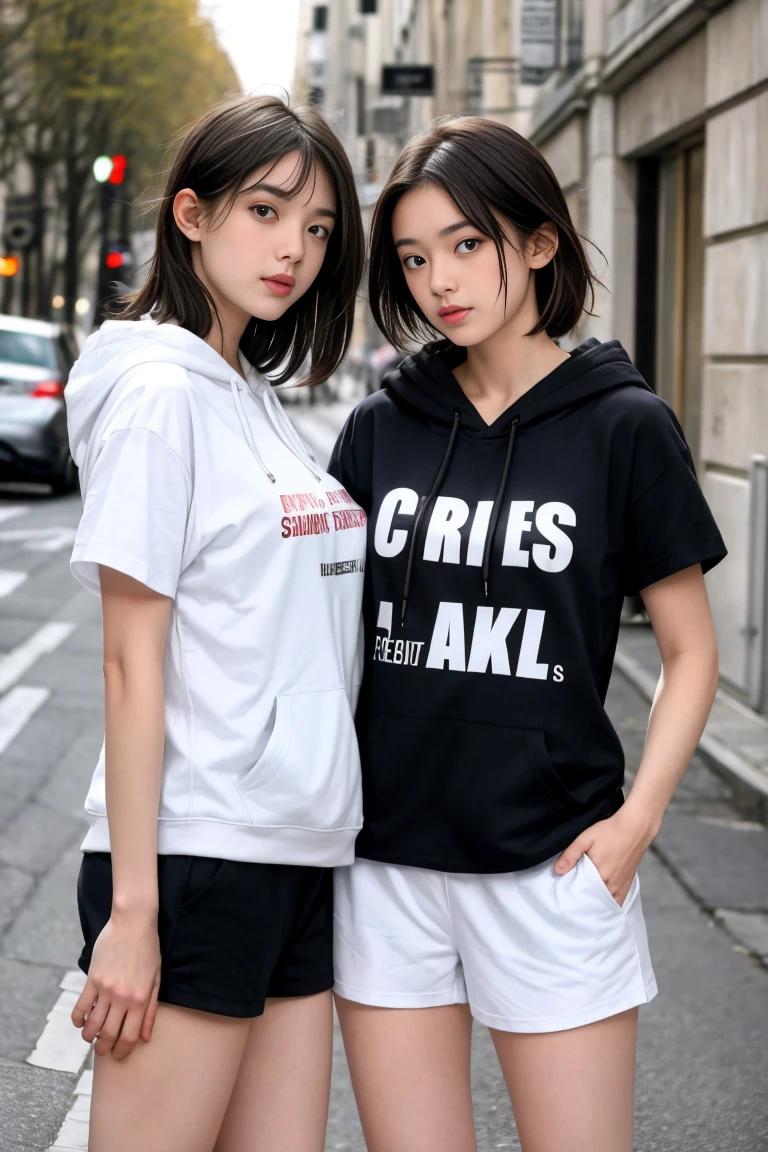 deux femmes ensemble de 18 ans sexy et mince qui se touche , white short sleeve hoodie , classrom