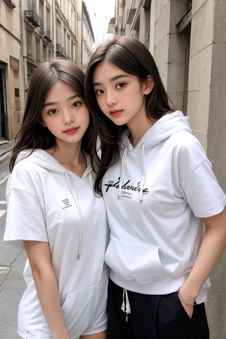 deux femmes ensemble de 18 ans sexy et mince qui se touche , white short sleeve hoodie , classrom