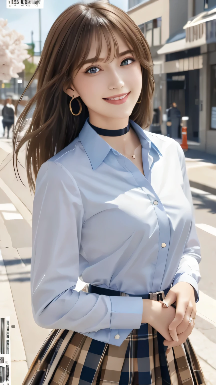 masterpiece, Highest quality, whole body, One girl, bangs, black choker, black tie, Blonde, blue skirt, blush, bracelet, chest, choker, clothes The surrounding area waist, clavicle, collared shirt, Cowboy Shot, dress shirt, ear Earrings, Eyebrows visible through hair, Gradient Hair, Grin, Improve, jewelry, Kogal, Long Hair, View your viewers, loose tie, tie, Earrings, Plaid, Plaid skirt, pleated skirt, blue eyes, ring, , shirt, skirt, smile, alone, white shirt, street, null, cherry blossoms, petal,figure, (magazine:1.3), (cover-style:1.3), fashionable, woman, Vibrant, Costume, Pause, front, colorful, dynamic, background, element, have confidence, Performance, Holding, statement, accessories, Majestic, Coiled, The surrounding area, touch, scene, article, cover, bold, to attract attention, title, stylish, font, Catchy, Heading, big, impressive, Modern, trend, concentrated, fashion,