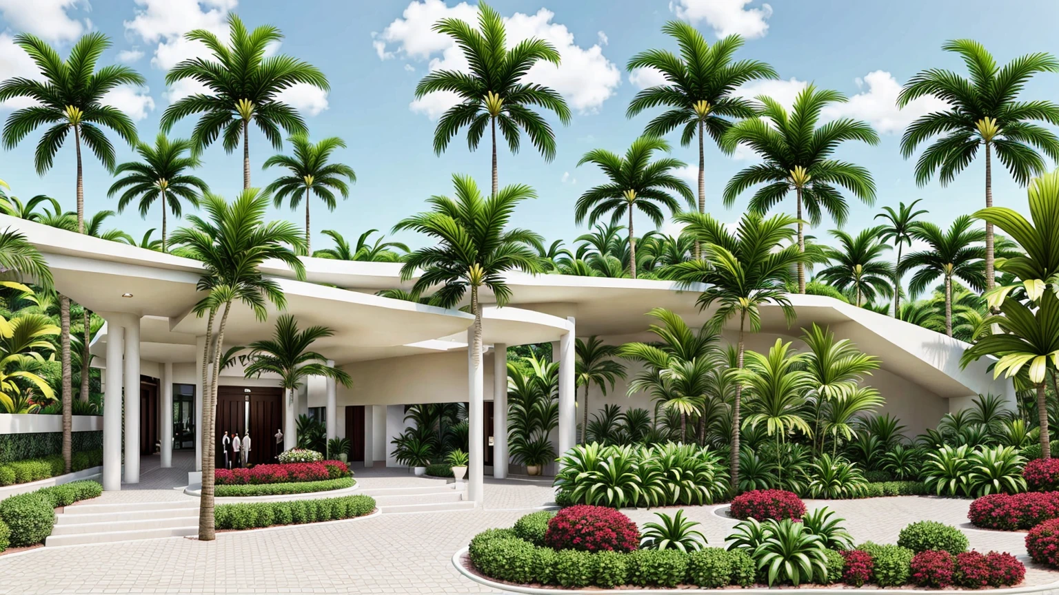 luxury entrance resort, add details to the entrance to the reception area, with tourists, plants, spark plugs, and add tiled in roof