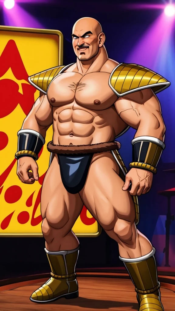 nappa, male focus, solo,cowboy shot, 1boy, bald, nipples, muscular male, abs,black vambraces, veins, pectorals, thighs, black eyes, topless male, mustache, ((micro-armor)) , tail around waist, (best quality, masterpiece) , stripclub , full body , black boots , strip club stage , blushing face , ashamed face