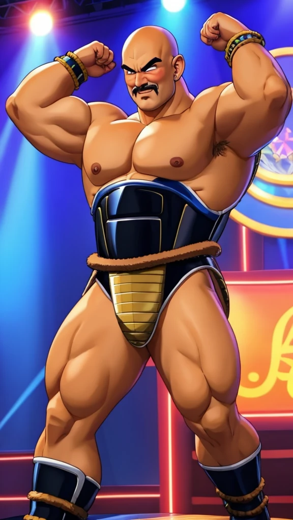 nappa, male focus, solo,cowboy shot, 1boy, bald, nipples, muscular male, abs,black vambraces, veins, pectorals, thighs, black eyes, topless male, mustache, ((micro-armor)) , tail around waist, (best quality, masterpiece) , stripclub , full body , black boots , strip club stage , blushing face , ashamed face