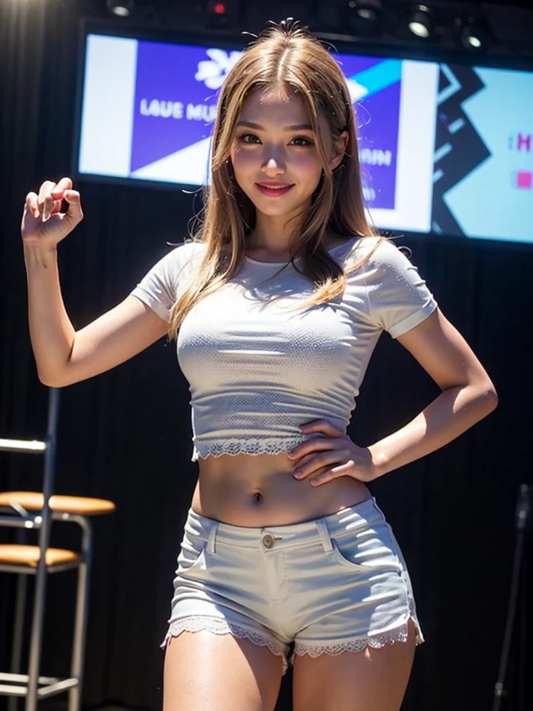 (((smile)))、(Open Stance)、 ((A tight-fitting white lace T-shirt)), ((Staring at the audience))、((White shorts))、(Standing with legs open to the sides)、((Sexy young woman's body:1.4)),