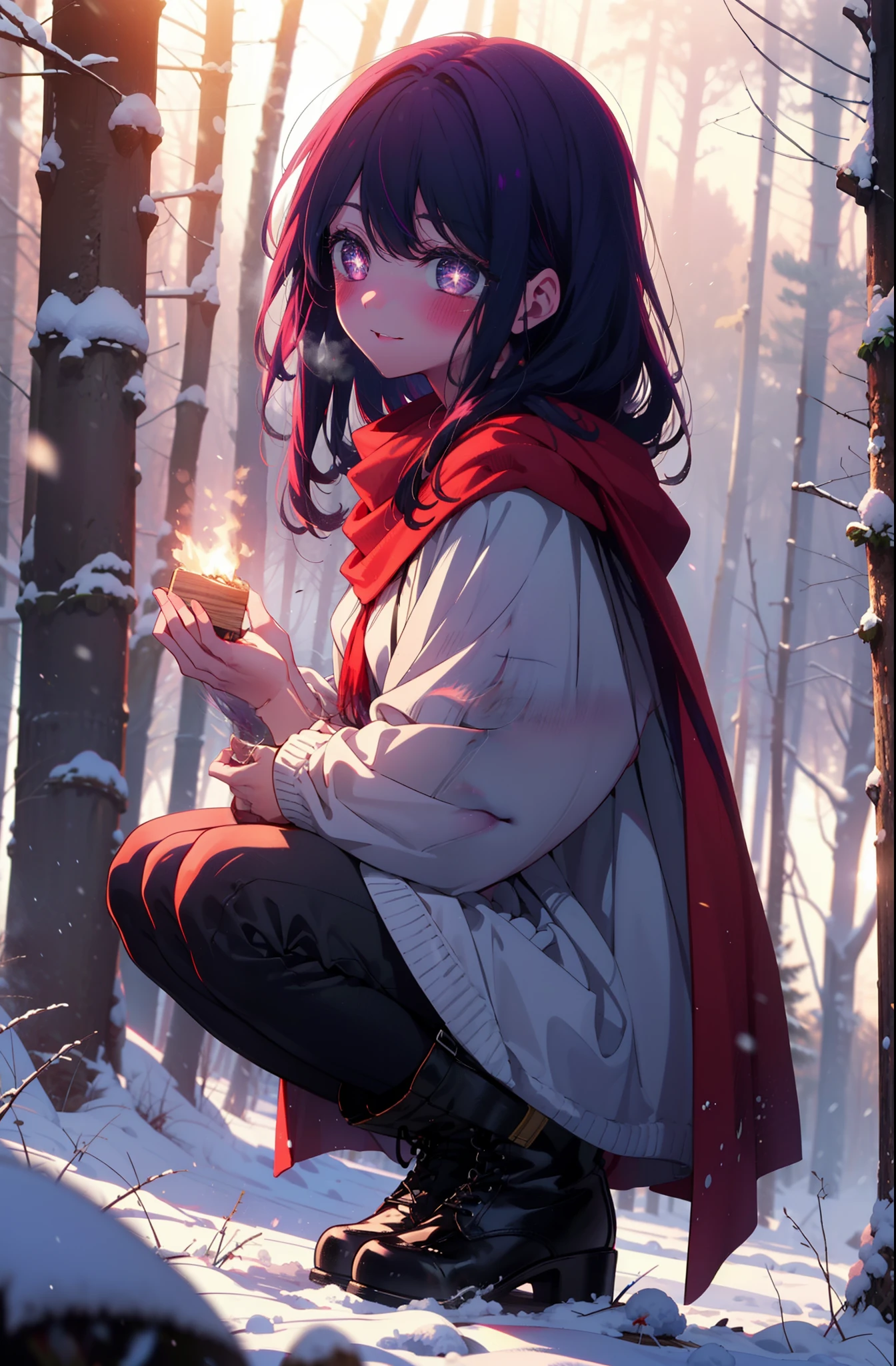 aihoshino, Ai Hoshino, Long Hair, bangs, (Purple eyes:1.1), Purple Hair, (Symbol-shaped pupil:1.5), smile,,smile,blush,White Breath,
Open your mouth,snow,Ground bonfire, Outdoor, boots, snowing, From the side, wood, suitcase, Cape, Blurred, , forest, White handbag, nature,  Squat, Mouth closed, Cape, winter, Written boundary depth, Black shoes, red Cape break looking at viewer, Upper Body, whole body, break Outdoor, forest, nature, break (masterpiece:1.2), Highest quality, High resolution, unity 8k wallpaper, (shape:0.8), (Beautiful and beautiful eyes:1.6), Highly detailed face, Perfect lighting, Highly detailed CG, (Perfect hands, Perfect Anatomy),