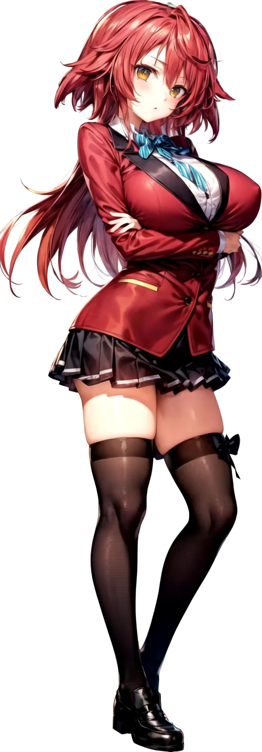 masterpiece, Highest quality, High resolution, , long red hair, Red Bow, Striped ribbon, blazer, Red ugly jacket, Long sleeve,  Big Breasts,Confused eyes,Brown Skirt, Black knee socks, Arms crossed, indoor, classroom