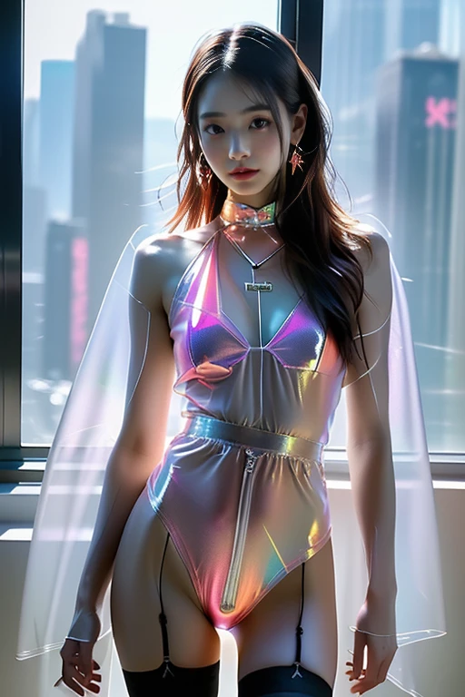 Shy woman on a rainy night,(8K 超高清、Digital SLR Camera、Soft Light、high quality、Volumetric Lighting、frank、photo、high resolution、4K、8K、Bokeh),(Rich details on the eyes and face,warm color, Very saturated colors,Show a charming smile, little cherry mouth, Balanced Eyes, Perfect facial features,Perfect face, Pretty Face, black eyes,Skin is transparent and visible, Shirasawa skin, cosmetic, (Glasses), earrings,Forehead chain,necklace, Jewelry,Headdress,Hair accessories),(Create stunning images of real girls, warm light, Dynamic poses, Elegant Posture, Cowboy lens, Front full body,Look confident from the front,Body facing the camera,Standing pose facing the camera,Open your legs slightly,Golden Ratio Graphics,Minimalism, Athletic body) ,Chinese beautiful female model,Red Hair,Waist-length hair,Messy Hairstyle,,Gradient hairstyles,Cyberpunk hairstyle,(Transparent clothes:1.5),Pink clothes,Thin clothes。Transparent mesh clothes,Transparent clothes,Transparent pink swimsuit,(Sexy,Perfect breast shape、Very detailed breasts,34E cup),No underwear, (Super high waist,Waist hollow,Levain), Black socks, (Clear knee-length socks、Garter socks,Leg ring,garter、腿部garter,Waist ring), (Wet,Wet clothes)