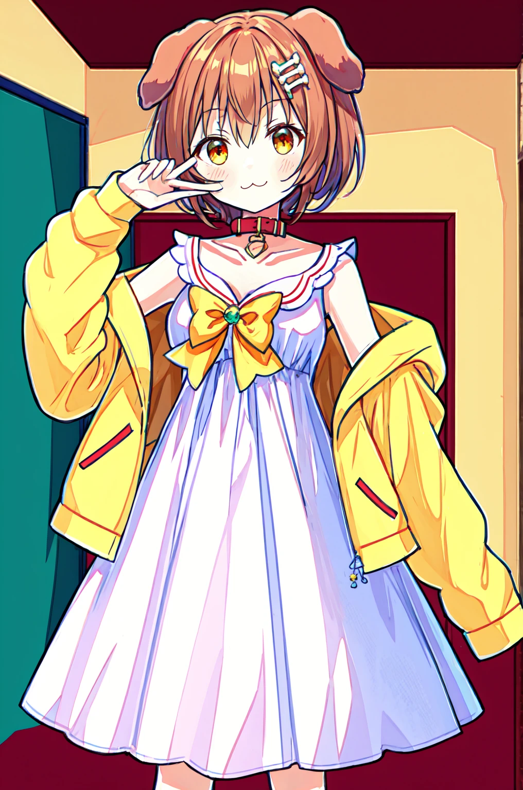 korone, masterpiece, Highest quality, Absurd, Cowboy Shot, Are standing, 
colonel, indoor, :3, smile, Dog Girl, Dog Ears, Dog&#39;s tail, Twin Blade, Side Lock, hair ornaments, Medium chest, 
 ((white dress)), yellow Jacket, bow, collar, collarbone, dress, Jacket, Open clothes, open Jacket, red bow, short dress, sleeveless dress,