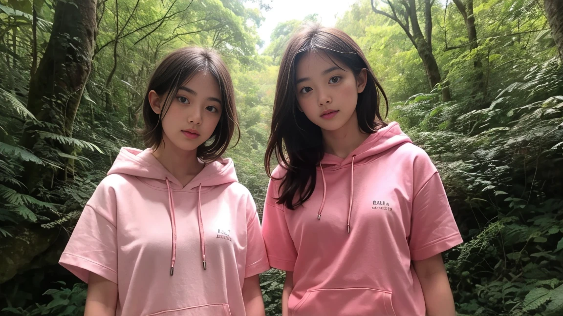 deux femmes ensemble de 18 ans sexy et mince qui se touche , pink short sleeve hoodie , dans une forêt ,position sensuel