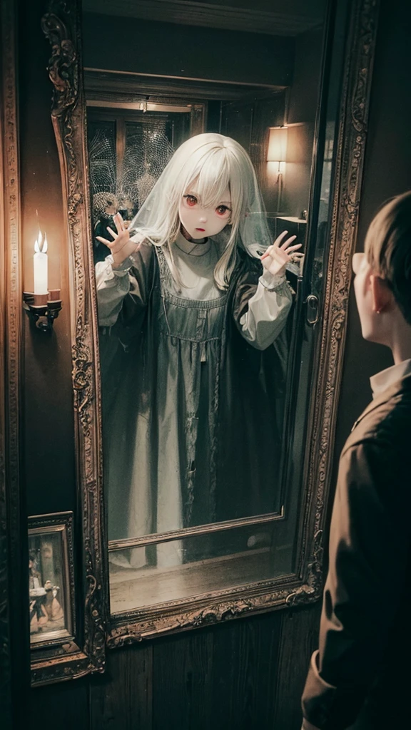 Image of a creepy-looking ghost in the mirror, spooky and บรรยากาศที่น่าafraid, The atmosphere is eerie and amazing., afraid, covered with spider webs and dust, ผีที่น่าafraid, horror photography, filled with red liquid ,with spider webs, บรรยากาศที่น่าafraid, ดูน่าafraid, Halloween atmosphere, horror scene, Dark and horror style, สิ่งมีชีวิตที่น่าafraid, Haunted house theme, Creepy pictures, creepy spirits, หลอกหลอนและน่าafraid