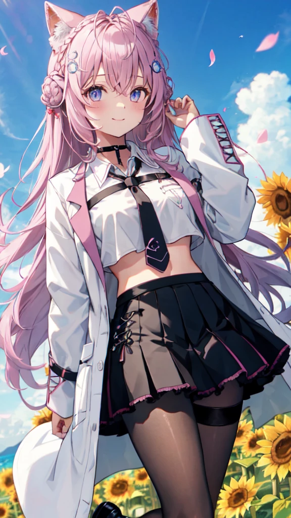 cute ,alone,Wind,smile,Lens flare,dramatic, Coastal,
Flying petals, flowery Field, null, sun,Field, sunflower, masterpiece, long hair, hair bun, double bun, braided bun, crown braid, hexagon, choker, black choker, necktie, pink necktie, shirt, white shirt, collared shirt, crop top, crop top overhang, fingernails, nail polish, pink nails, watch, pocket watch, midriff, navel, belt, skirt, miniskirt, black skirt, pleated skirt, frills, frilled skirt, test tube, pantyhose, black pantyhose, thigh strap, shoes, black footwear, high heels, coat, labcoat, white coat, open coat, open clothes, long sleeves, sleeves past wrists, pocket