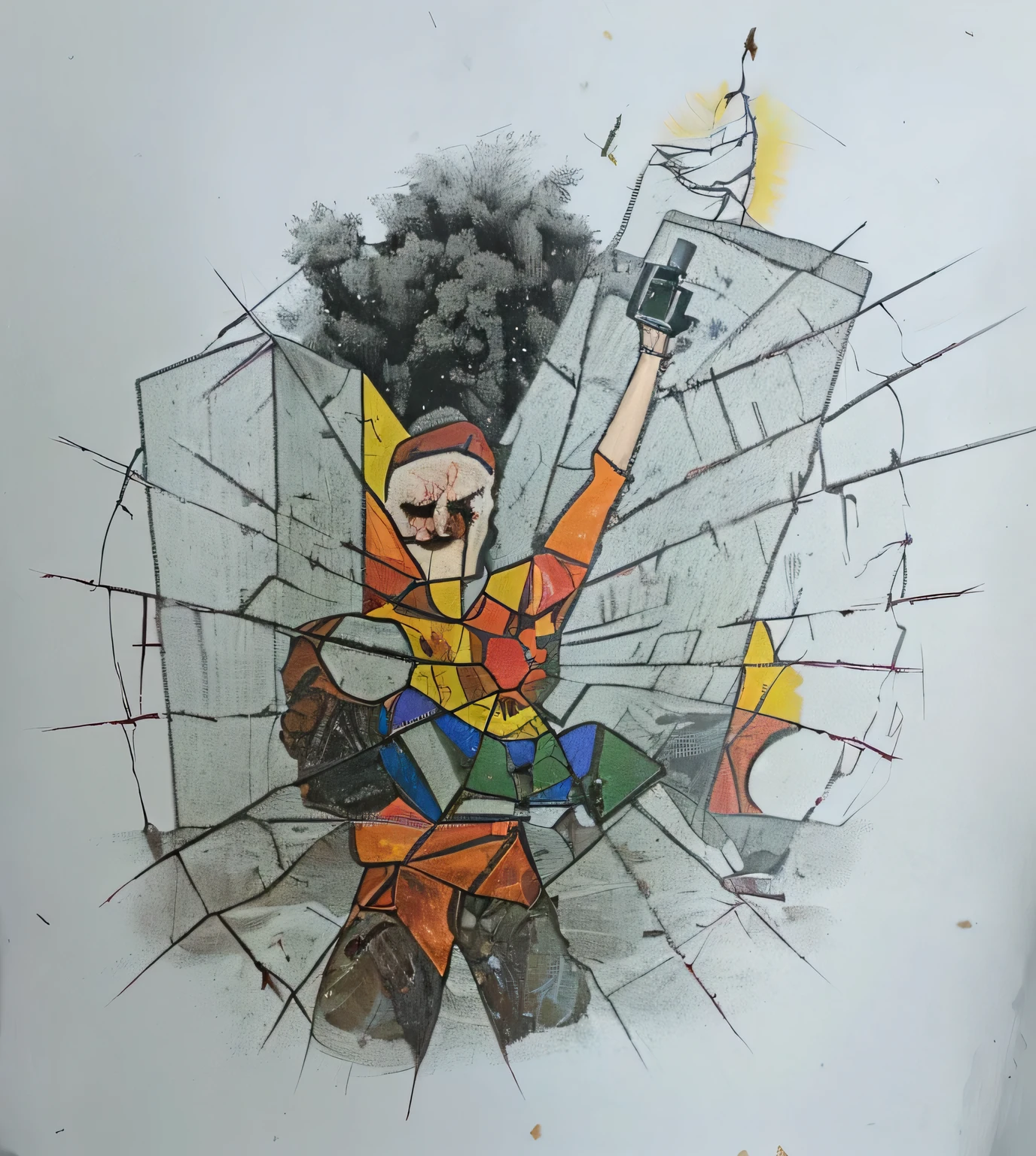 A man holding a dead girl,A hand holding a pistol shoots a pigeon,The pigeon spits out bloody bullets from its mouth,The ground is full of wasteland,Behind is the ruins of the building,A fire broke out behind the ruins,The entire picture is made up of glass fragments,The crack in the glass extends outward from the man's heart,Men are made up of warm colored fragments,Children are composed of cold colored fragments