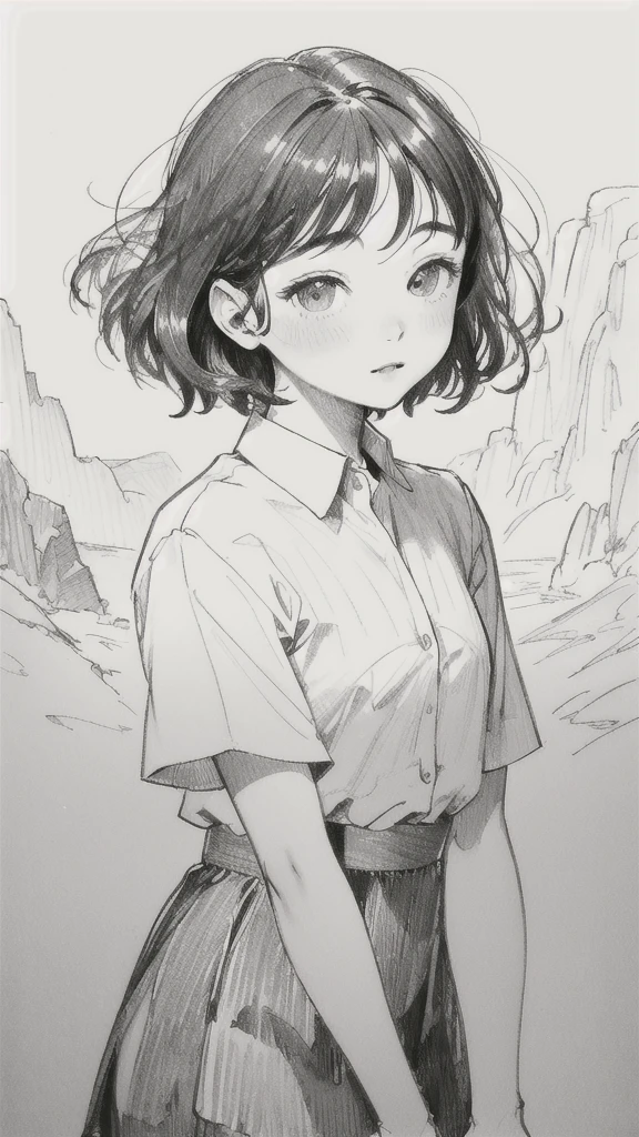 One Girl,Line art,Monochrome,sketch,Pencil drawing,Traditional Media,One Girl, skirt,Cute Teenage Girls, ,Beautiful portrait、Delicate body、Black Hair、Black Hair,landscape