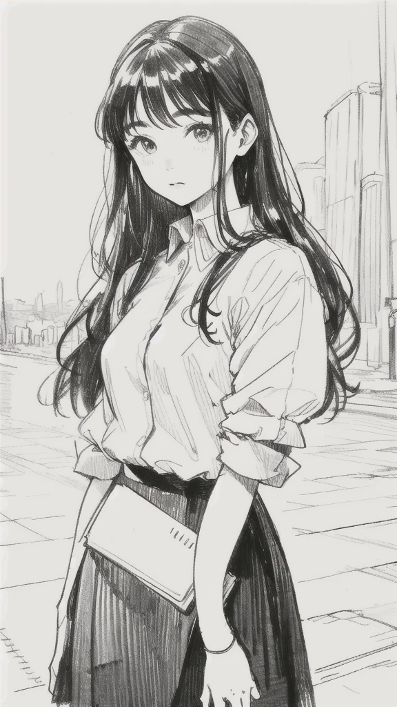 One Girl,Line art,Monochrome,sketch,Pencil drawing,Traditional Media,One Girl, skirt,Cute Teenage Girls, ,Beautiful portrait、Delicate body、Black Hair、Black Hair,landscape