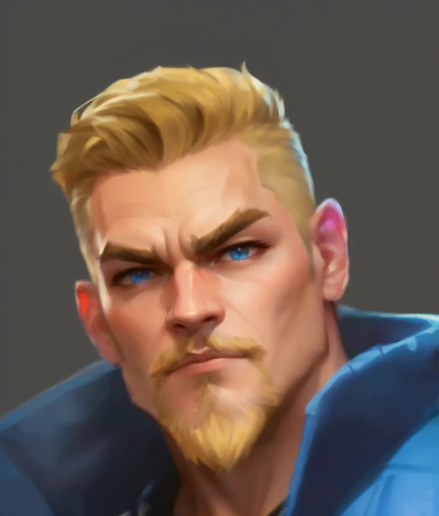 a close up of a man with a beard and a blue jacket, portrait of fin wildcloak, portrait of homelander, small blond goatee, painted portrait of rugged odin, artgrem, zoomed out portrait of a duke, portrait of a male hydromancer, stanley artgerm lau, character portrait closeup, portrait of junkrat