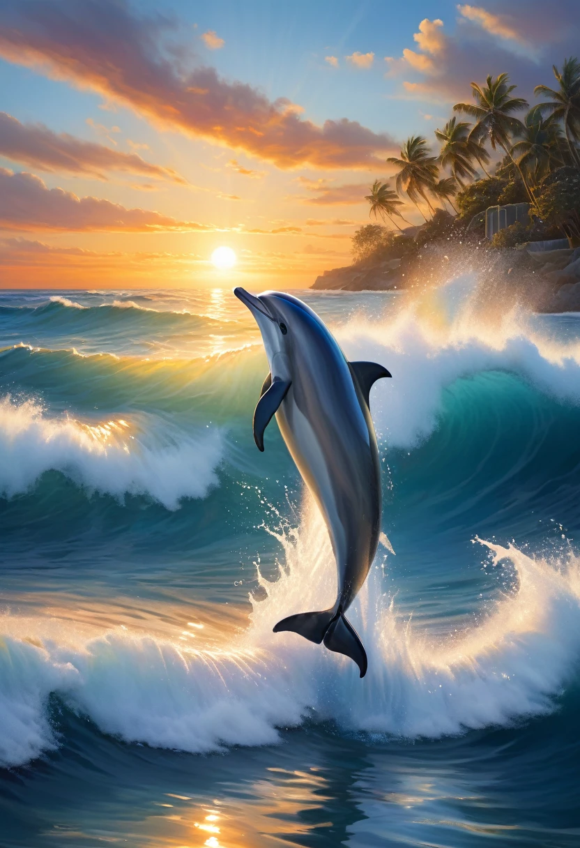 Create a serene and uplifting image that captures the essence of new beginnings and limitless possibilities. Depict a stunning ocean horizon at sunrise or sunset, with the sky ablaze with warm, golden hues. In the foreground, feature a majestic dolphin leaping out of the water, as if breaking free from the surface and soaring into the sky.

The dolphin should be rendered in exquisite detail, with a shimmering, iridescent coat that catches the light of the setting sun. Its body should be arched in a graceful, triumphant pose, conveying a sense of freedom and joy.

In the background, include a few wispy clouds that evoke a sense of movement and progression, as if the dolphin is leaving the old behind and embracing the new. The ocean waves should be calm and peaceful, with a subtle shimmer that suggests the infinite possibilities that lie ahead.

The overall mood of the image should be one of hope, renewal, and inspiration, inviting the viewer to embark on their own journey of discovery and growth. The color palette should be vibrant and uplifting, with a focus on blues, golds, and whites to evoke a sense of clarity, optimism, and limitless potential.

**Style:**

The image should be rendered in a highly detailed, realistic style, with a focus on capturing the textures, colors, and movements of the natural world. The dolphin should be depicted in a dynamic, expressive pose, as if it is about to break free from the ocean's surface and soar into the sky.

The image should also have a sense of depth and dimensionality, with the dolphin and ocean waves appearing to emerge from the background. The lighting should be warm and golden, with a focus on capturing the soft, ethereal glow of the setting sun.

**Mood:**

The mood of the image should be one of hope, renewal, and inspiration