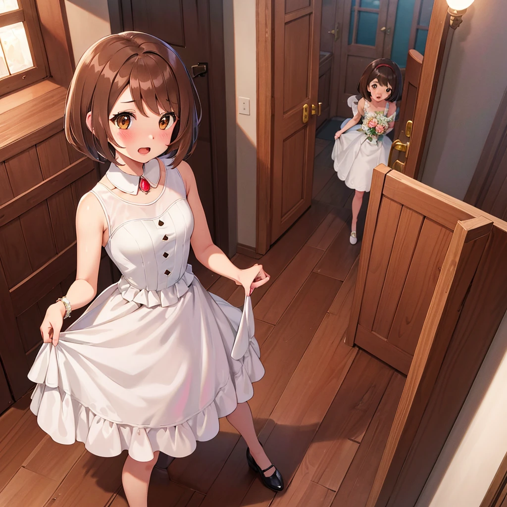 masterpiece, Highest quality, High resolution, Gloria1, 1 Girl, Gloria\(Pokémon\), Brown Hair, , Brown Eyes, , Short Hair, , Bobcut, bangs, , 1Describe a girl carefully 1Girl Expression in love blush Open Mouth blush church Wedding dress(mini skirt)