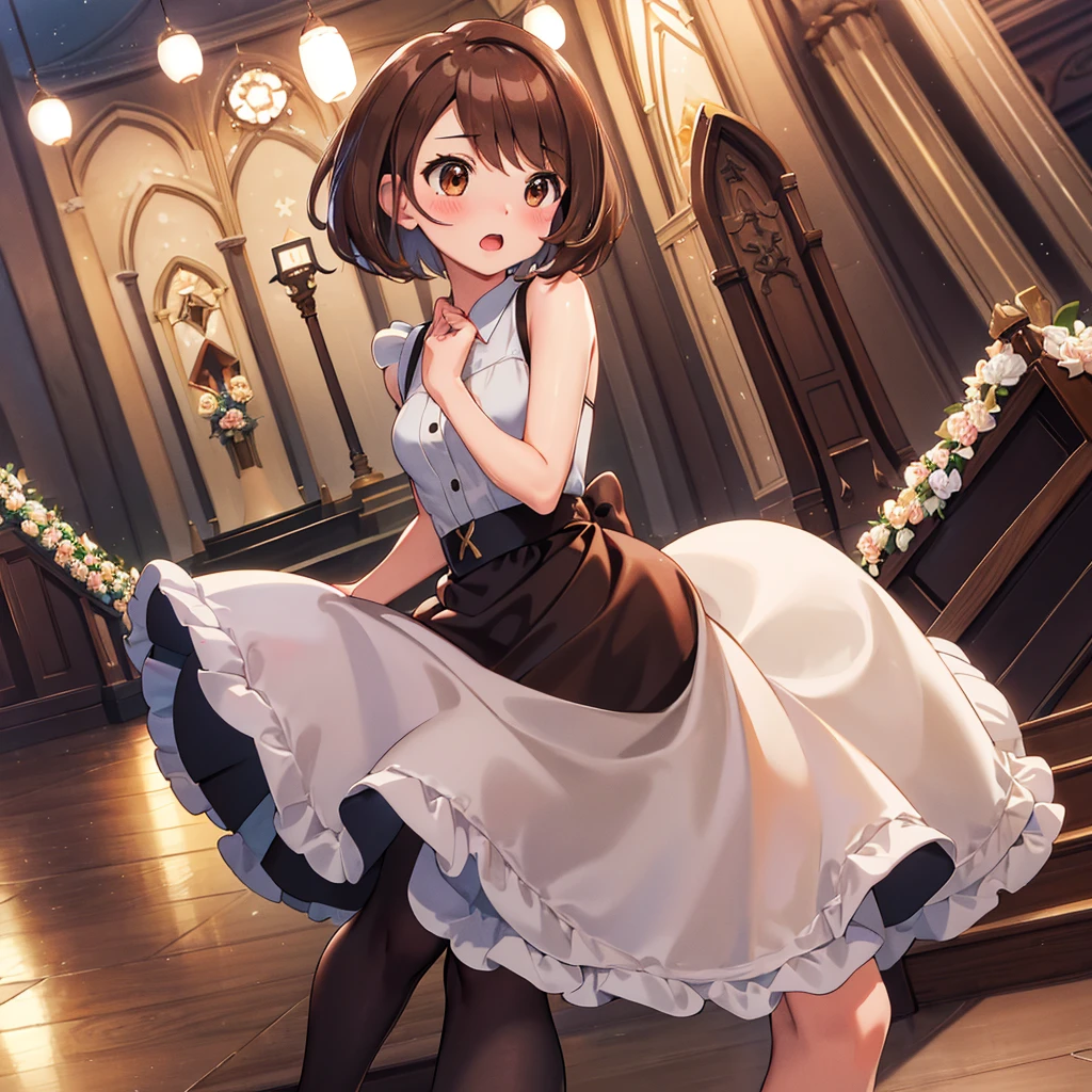 masterpiece, Highest quality, High resolution, Gloria1, 1 Girl, Gloria\(Pokémon\), Brown Hair, , Brown Eyes, , Short Hair, , Bobcut, bangs, , 1Describe a girl carefully 1Girl Expression in love blush Open Mouth blush church Wedding dress(mini skirt)