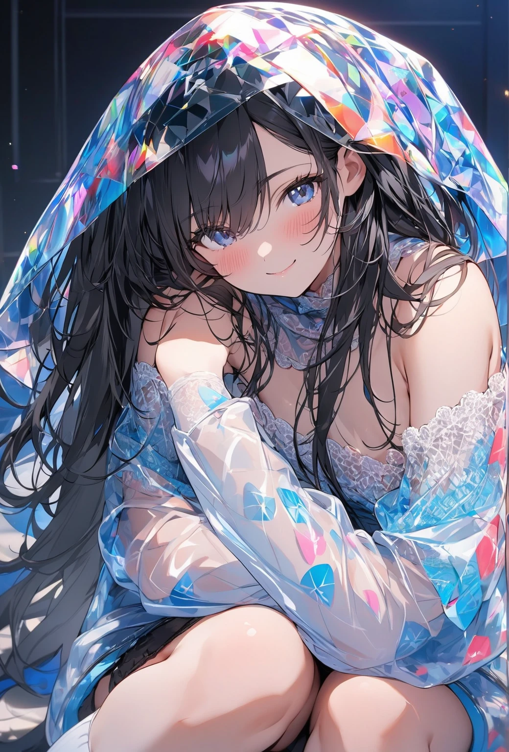 ((Highest quality)), ((masterpiece)), ((Very detailed)), (Very mature),A cute, gentle-looking woman with black hair and about 165cm tall.，A female high school student with a cute smile and small breasts wearing a transparent blue waifus with a cute patterned hood and bare shoulders, alone, Cute attitude,(background(bright)，Long Hair - Straight，Knee-high socks、A transparent blue veil with a cute pattern and white hood with off-the-shoulder sleeves，White wall、Sitting、Facing the viewer、縁に模様がある壁が1面のbackground