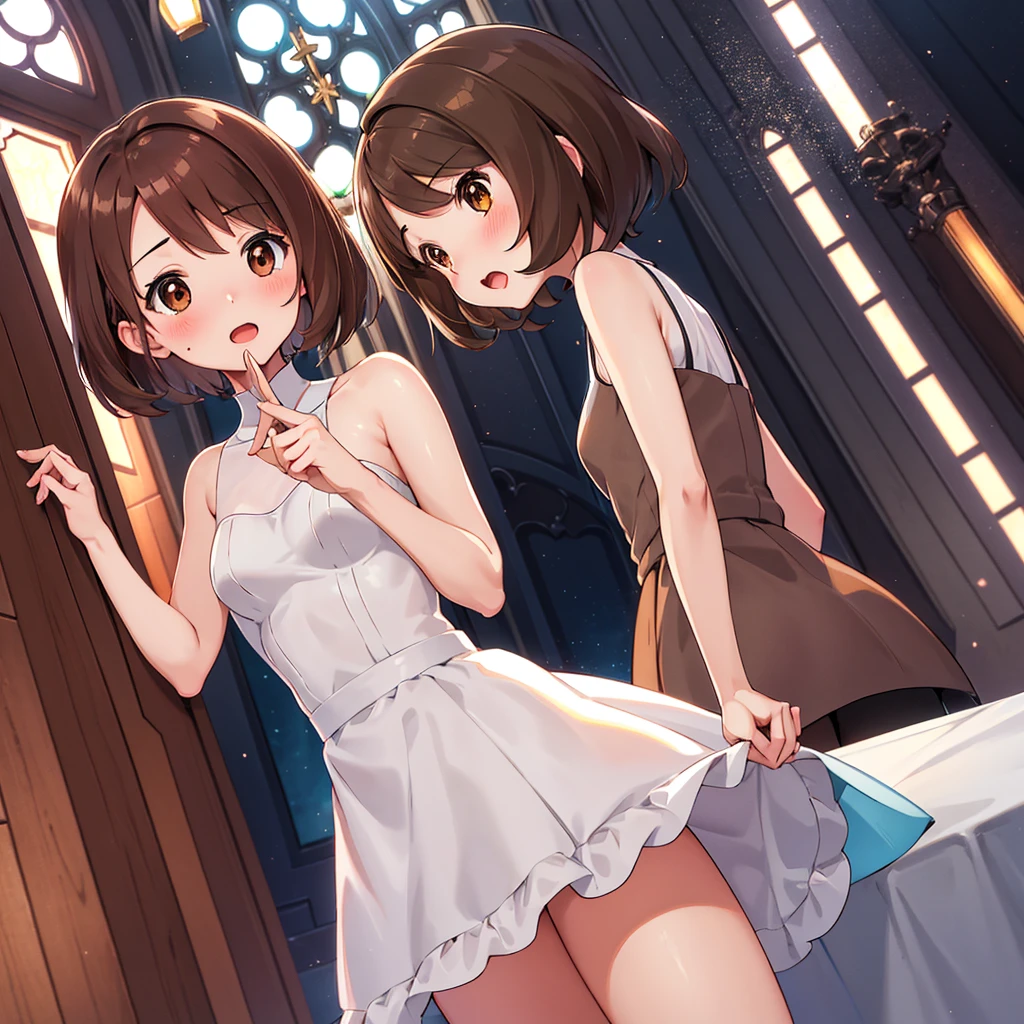 masterpiece, Highest quality, High resolution, Gloria1, 1 Girl, Gloria\(Pokémon\), Brown Hair, , Brown Eyes, , Short Hair, , Bobcut, bangs, , 1Describe a girl carefully 1Girl Expression in love blush Open Mouth blush church Wedding dress(mini skirt)