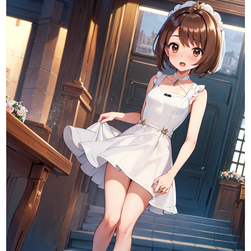 masterpiece, Highest quality, High resolution, Gloria1, 1 Girl, Gloria\(Pokémon\), Brown Hair, , Brown Eyes, , Short Hair, , Bobcut, bangs, , 1Describe a girl carefully 1Girl Expression in love blush Open Mouth blush church Wedding dress(mini skirt)