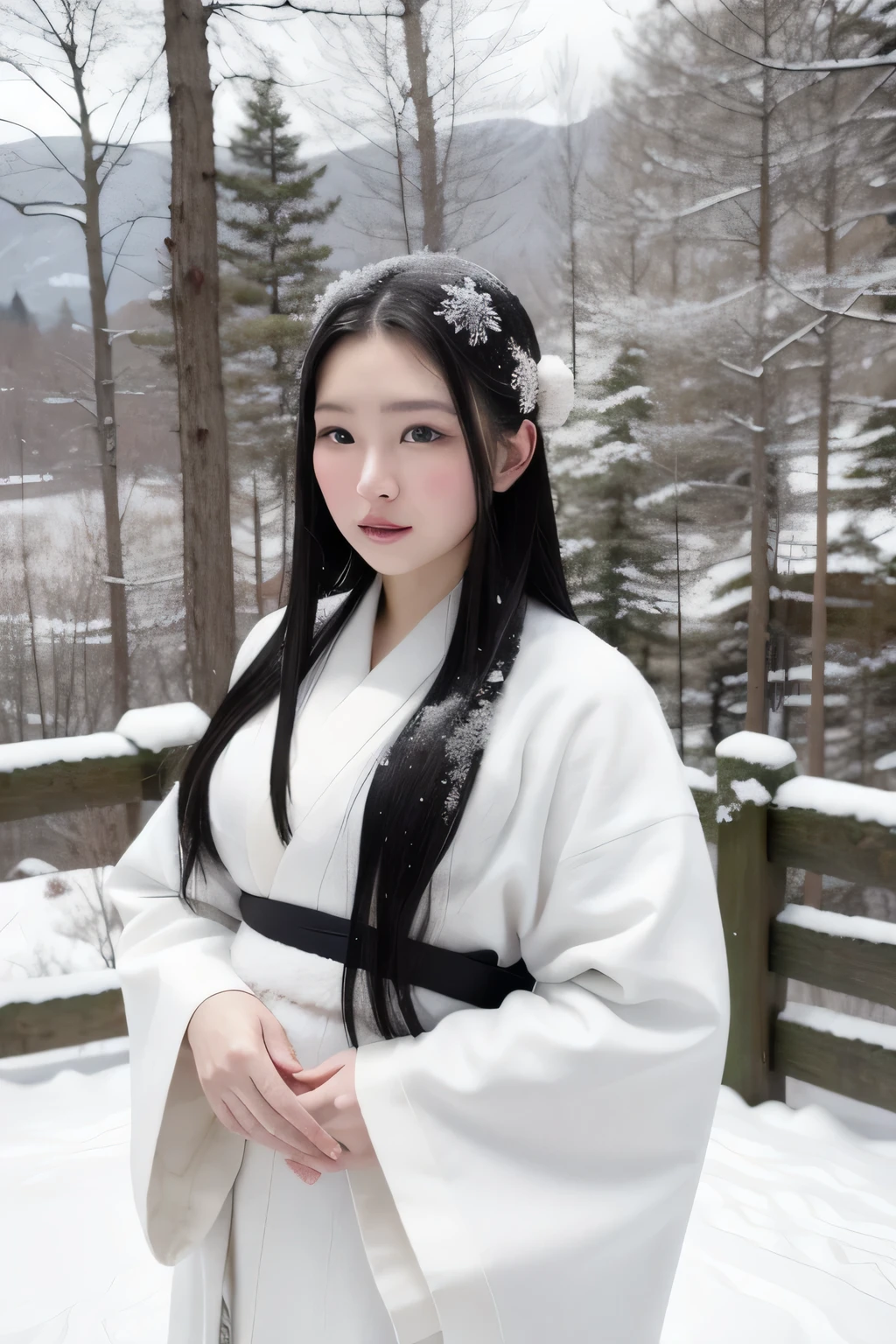 A beautiful snow woman (Yuki Onna) standing in a snowy mountain landscape. She has long black hair, white skin, and wears a traditional white kimono. The scene is cold and serene, with snowflakes gently falling around her. The background is a winter forest covered in snow.
