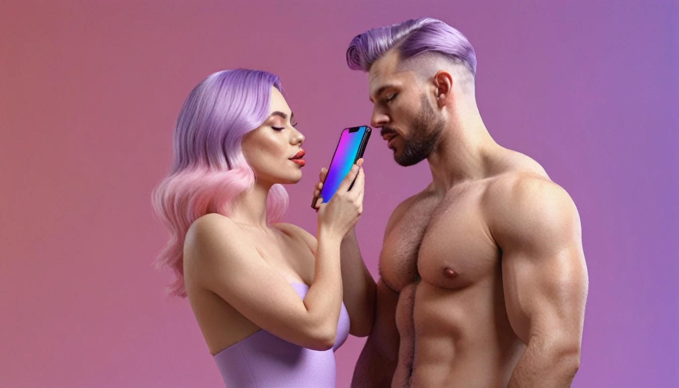 spotry naked musculin european man licking a peach in front of blond woman, he hold smartphone in his hand, we can see his face close, minimalistic, in a light purple and pink style, with soft edges and blurred details, in the toycore style, with a 3D render, on a colorful background, with a minimalist stage design, in a surreal style, with a cinema4D rendering, with a minimalist style, with low saturation, using gradient colors, with a cinema4D rendering, with a blender rendering, with super detail, at a super high resolution, at a super high definition
