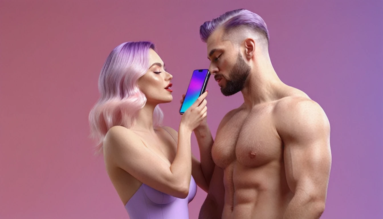 spotry naked musculin european man licking a peach in front of blond woman, he hold smartphone in his hand, we can see his face close, minimalistic, in a light purple and pink style, with soft edges and blurred details, in the toycore style, with a 3D render, on a colorful background, with a minimalist stage design, in a surreal style, with a cinema4D rendering, with a minimalist style, with low saturation, using gradient colors, with a cinema4D rendering, with a blender rendering, with super detail, at a super high resolution, at a super high definition