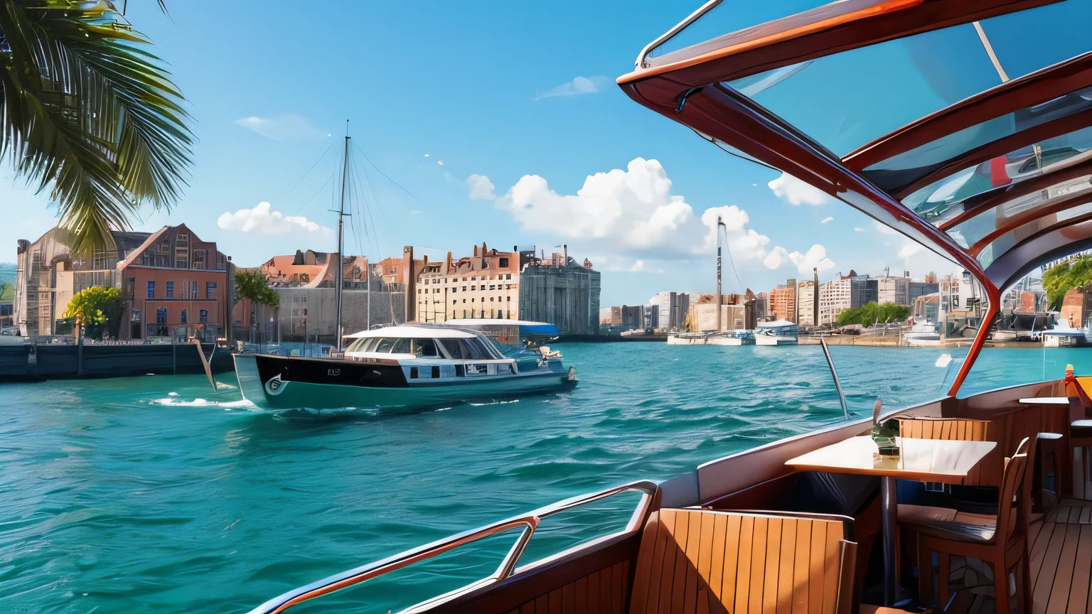 Café on a boat in the harbour, Bold and Eye-catching Graphics, Dynamic angles, Realistic, photorealistic,