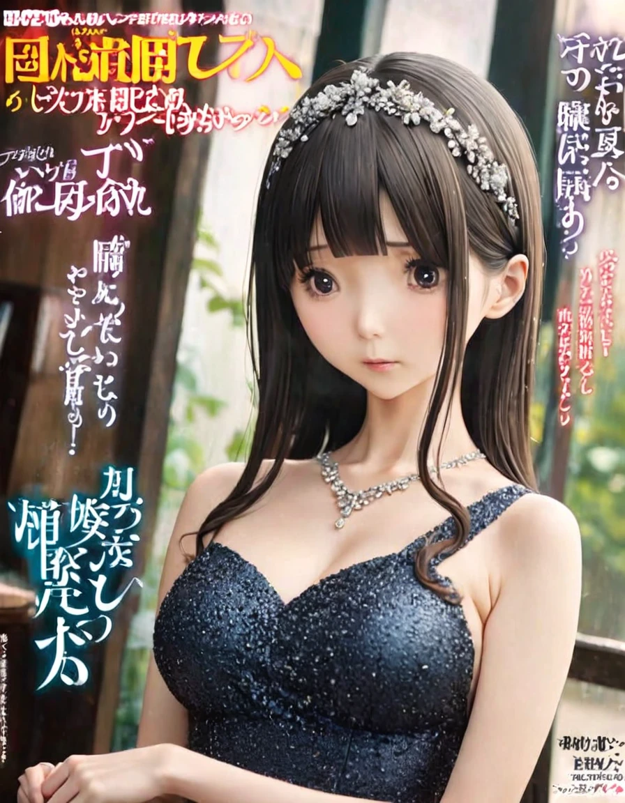 Magazine cover(masterpiece, best quality:1.2),Mother and Daughter,shy(((The eyes are delicate)))((Black Diamond Evening Dress)),rain(8K)(HD)