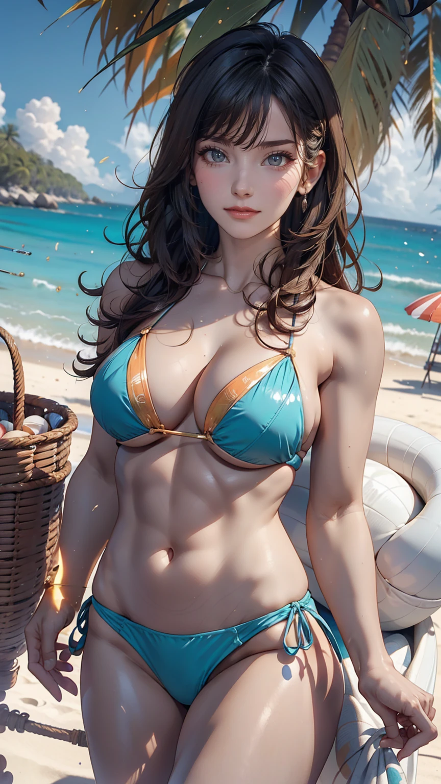 24-year-old female、bikini made from seashells((Hardly hidden)))Wear、Sexy proportions、sexypose、Sexy、Tropical sandy beach、Rocket Boobs