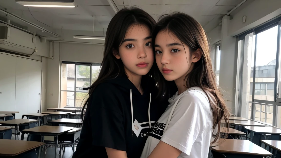 deux femmes ensemble de 18 ans sexy et mince qui se touche , black short sleeve hoodie , dans une salle de classe