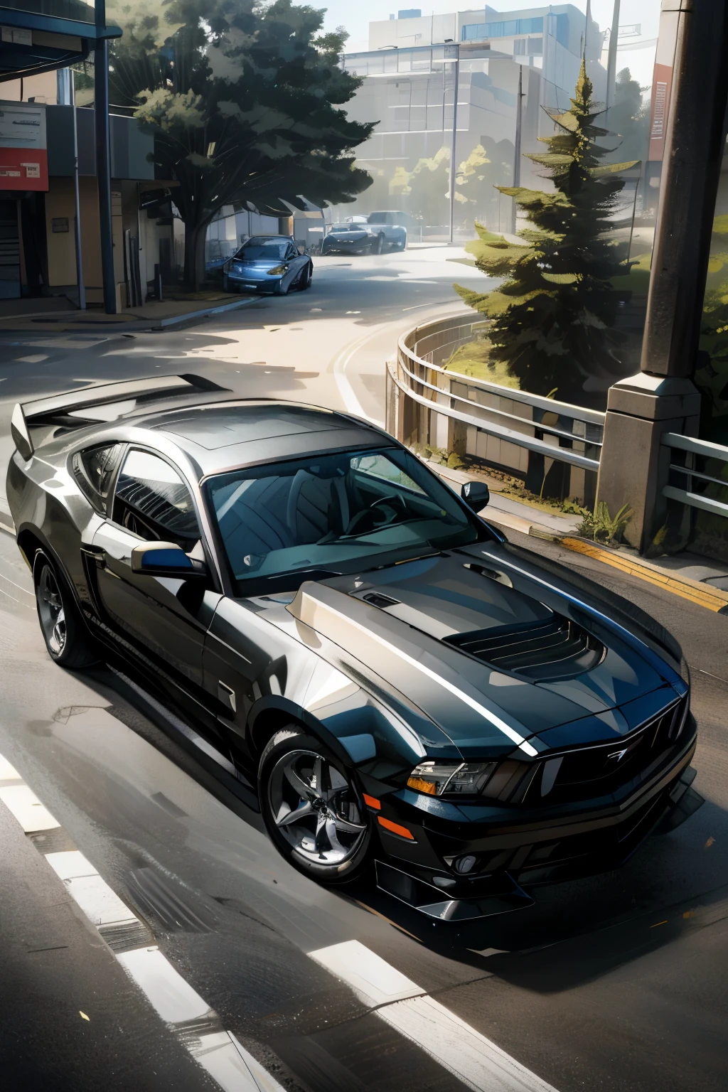 2013 Mustang GT S197 Model, black color body with tinted rims, realistic picture in high resolution, full front view, summer background. This iconic muscle car brilliantly reflects the sun's rays, as though it's been polished to perfection. The black rims, in remarkable detail, complement the dark, sultry beauty of the automobile, while the summer background brings an air of excitement and vitality to the scene. A must-see for any car enthusiast.