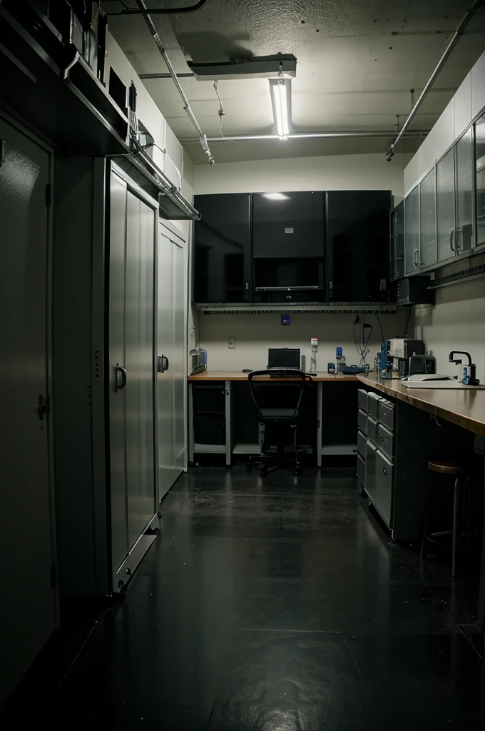 A server room with laboratory room, dark room with lightning some item