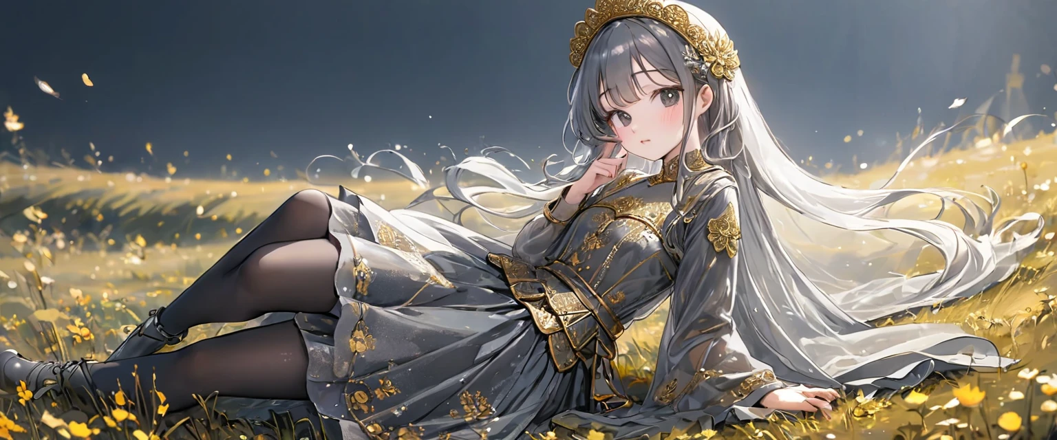 girl, Gold and silver embroidery, Platinum and pearl medieval long dress(With panniers), Translucent fabric, Pull up the dress by hand, Strong winds, Translucent slip, Grey translucent tights, 8歳のgirl, Gold and silver embroidery, medieval mini dress(With panniers), Translucent fabric, Pull up your skirt, Strong winds, Translucent slip, Grey translucent tights, Peeking from below, Highest quality, Disorder of clothing, Lying down, underwear, Show off your thighs, night, Skirt lining