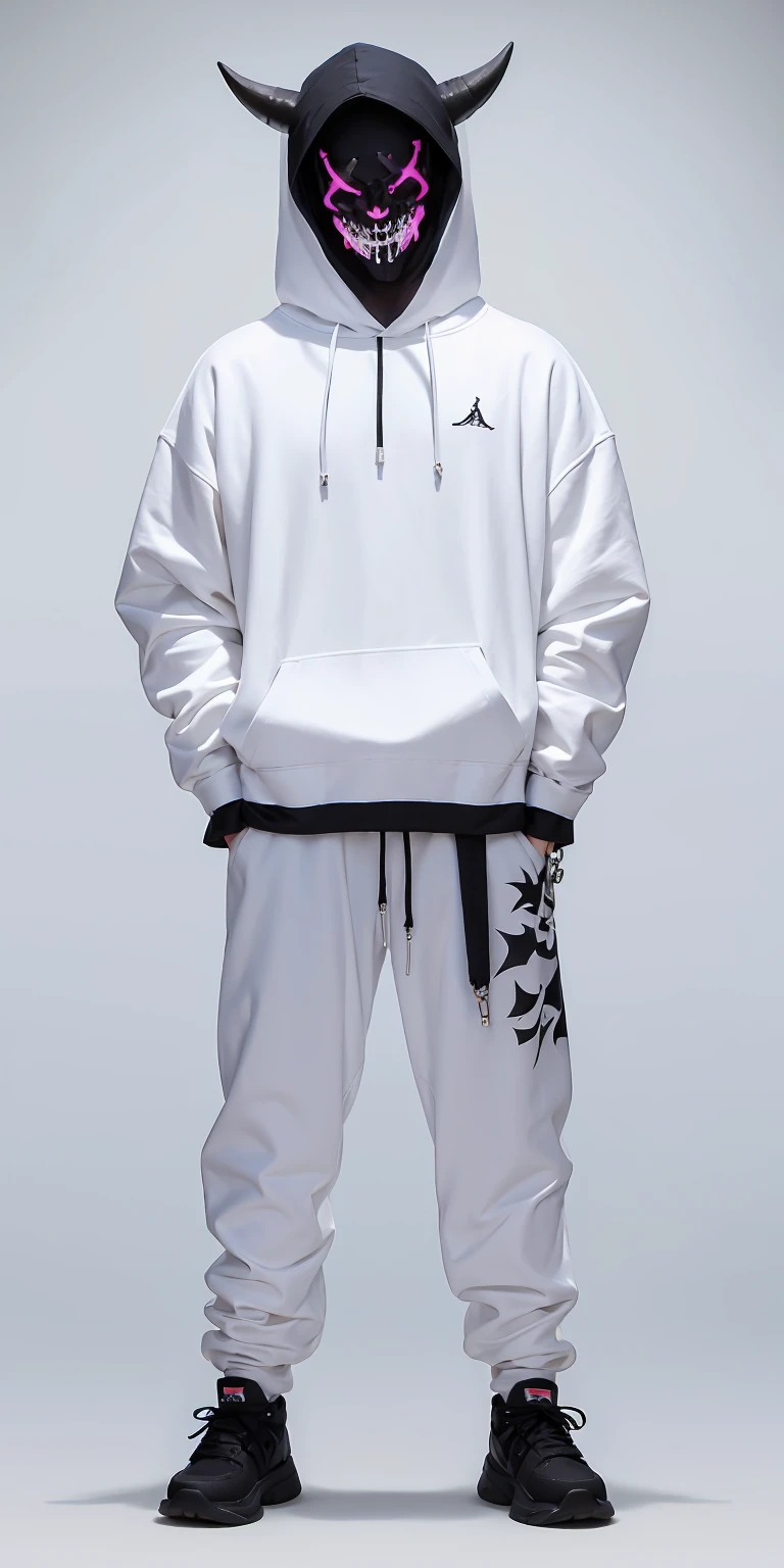 man with muscles , wearing all back white mask with two horns , hoodi and Trousers Pants Harajuku with joradn white shoes, plaid pants, black pants, chain, tripppants, pants, strappy pants, ((demon white mask )) , alex_the_terrible_mask, hoodie, wearing a hoodie , jordan shoes