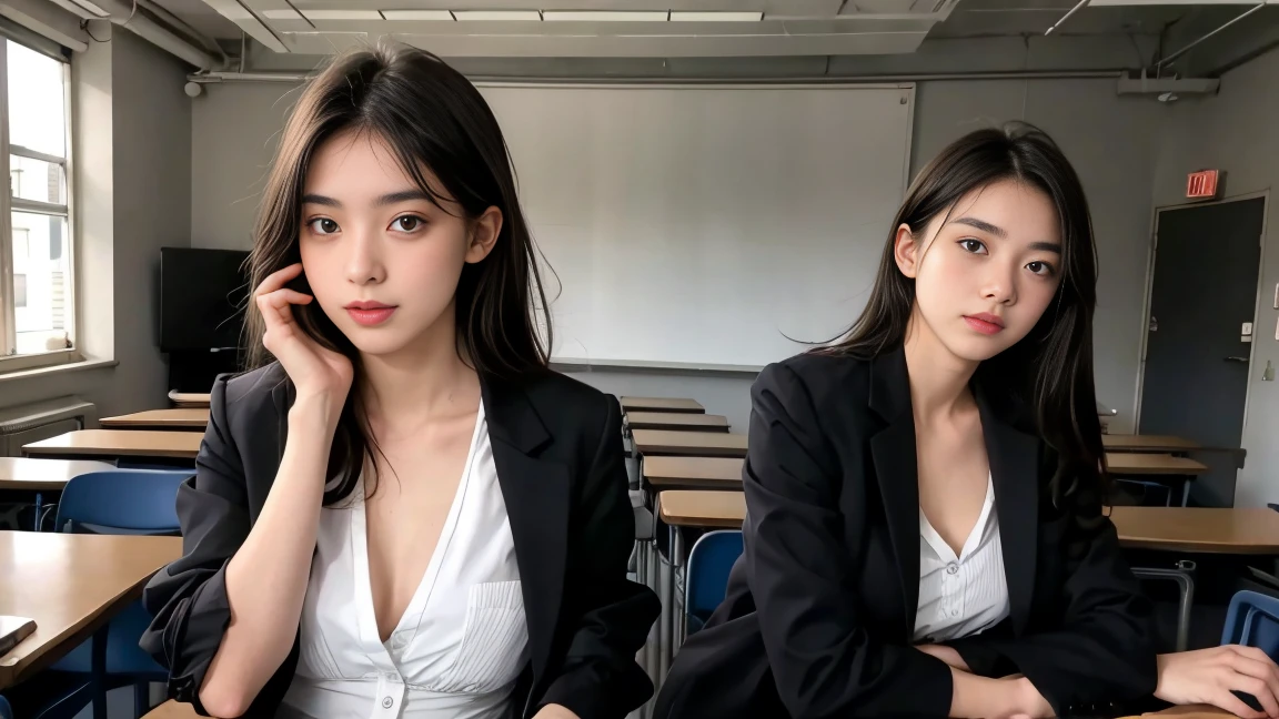 deux femmes ensemble de 18 ans sexy et mince qui se touche , black short sleeve jacket , dans une salle de classe ,position sensuel