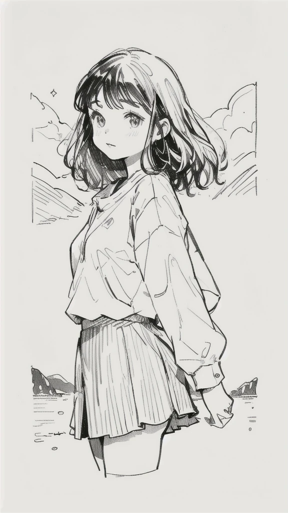 One Girl,Line art,Monochrome,sketch,Pencil drawing,Traditional Media,One Girl, skirt,Cute Teenage Girls, ,Beautiful portrait、Delicate body、Black Hair、Black Hair,landscape
