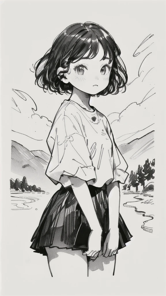 One Girl,Line art,Monochrome,sketch,Pencil drawing,Traditional Media,One Girl, skirt,Cute Teenage Girls, ,Beautiful portrait、Delicate body、Black Hair、Black Hair,landscape