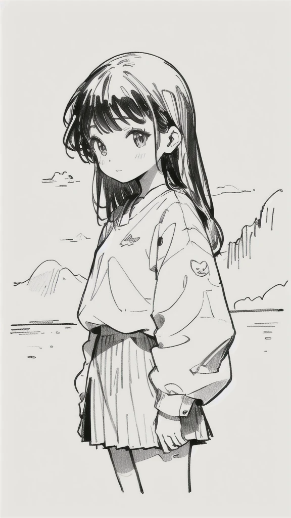 One Girl,Line art,Monochrome,sketch,Pencil drawing,Traditional Media,One Girl, skirt,Cute Teenage Girls, ,Beautiful portrait、Delicate body、Black Hair、Black Hair,landscape