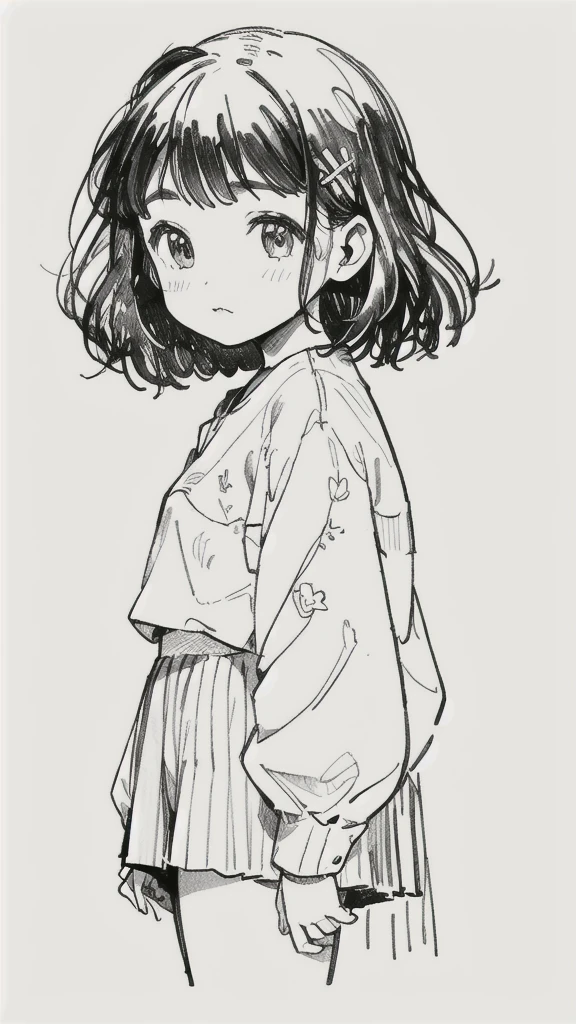 One Girl,Line art,Monochrome,sketch,Pencil drawing,Traditional Media,One Girl, skirt,Cute Teenage Girls, ,Beautiful portrait、Delicate body、Black Hair、Black Hair,landscape