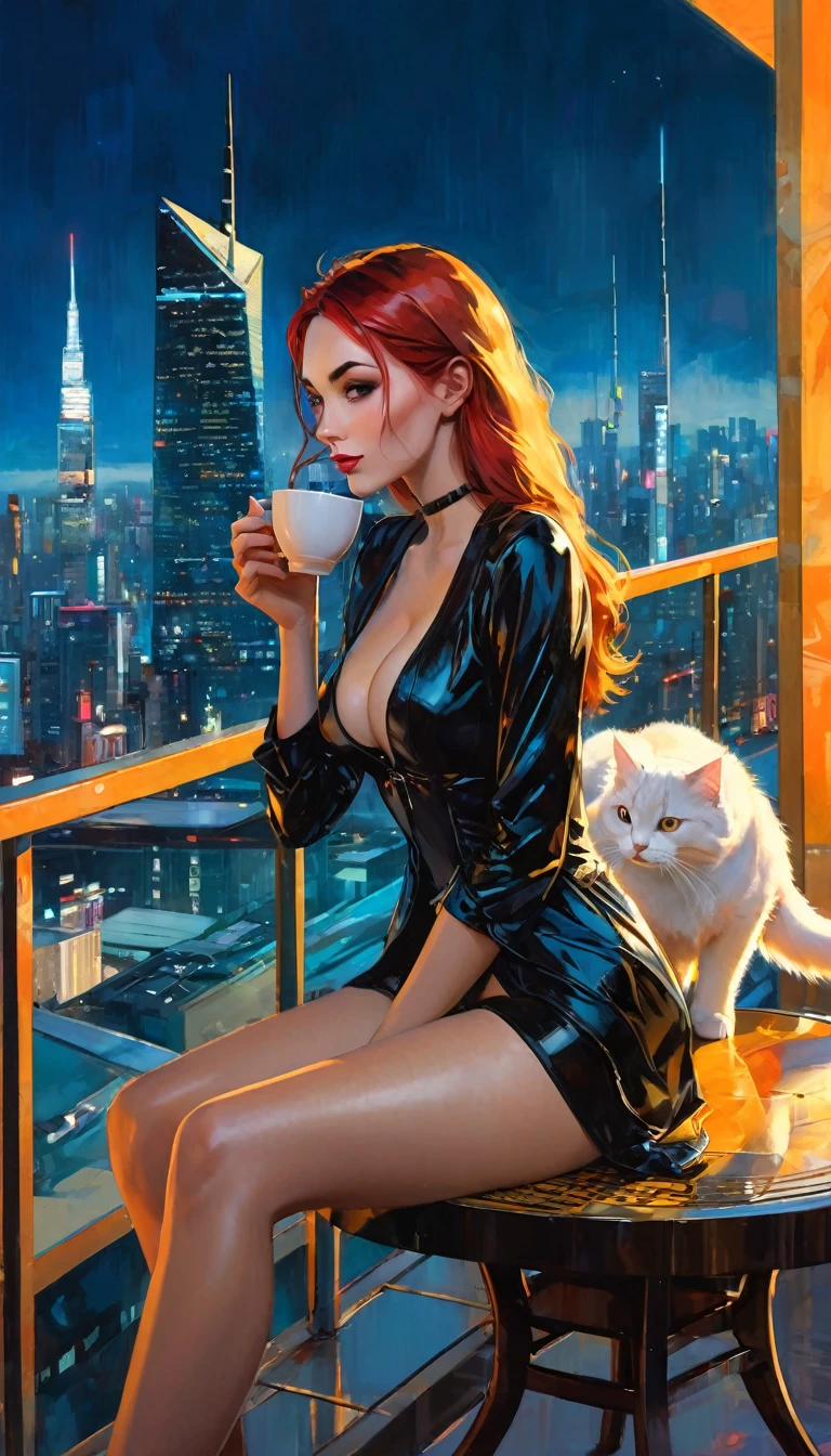 sexy girl in lingerie and her pet cat, alone, having a coffee, enjoying the views from a large terrace, views of a futuristic city:1.5. (art inspired in Bill Sienkiewicz). oil painting) (best quality,4k,8k,highres,masterpiece:1.2),ultra-detailed,(realistic,photorealistic,photo-realistic:1.37),intricate details,vivid colors,sharp focus,professional,
