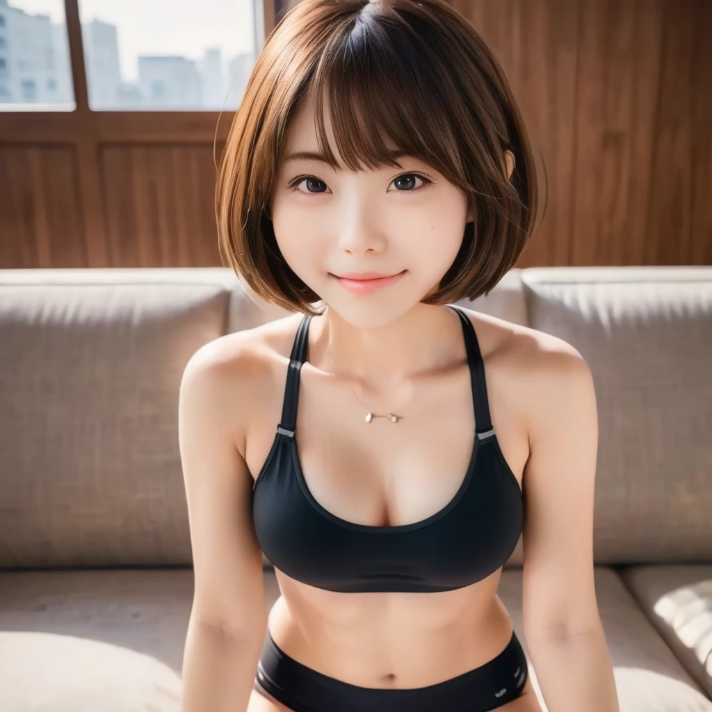 japanese girl, sitting with cross-legged on the sofa in a bright room, (wearing a black sports bra and matching shorts:2),(photoshoot style, shooting from front, upper knee statue, body facing forward), 26 years old, (toned body type:1.2, tall height 5.35 feet), (small breast :1.2, hemispherical udder silhouette:1.2), little smiling, perorbital swelling, brown fluffy and wavy short-cut hair, natural bangs, detailed brown eyes, detailed finger, suppin, no make, (photorealsitic:1.4), (high-resolution details of human skin texture:1.2, rough skin:1.2, Uneven skin tone:1.6, skin texture must be natural:1.1), top-quality, masterpiece, high resolution, raw photo, natural soft light, professional lighting