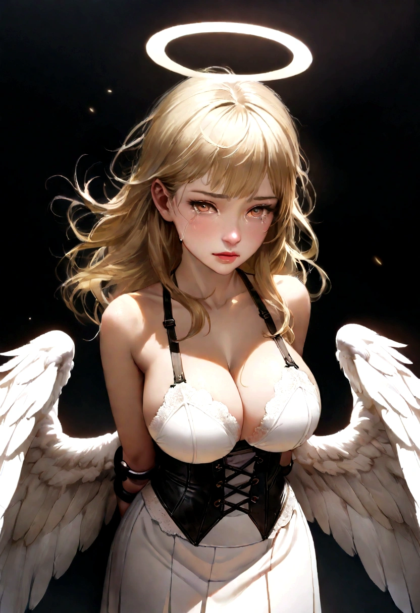 Woman 20 years, (sexy body), (big ass), (big boobs), (gril have realistic white angel wings:1.3), (above her head is a halo:1.3), (she look to camera:1.3), (thin white skirt:1.3), cinematic lighting, realistic, bokeh, 8k, uhd, soft shadows, masterpiece, (highly detailed), 8k wallpaper, (detailed face and eyes:1.2), (perfect boobs), (ultra realistic foto), (detailed face), (detailed eyes), (thin white lace dress with corset and knee pads:1.3), (crying face), (sad face), (weeping face), (pain face), (tears), (chained:1.3), (BDSM:1.3), (bondage), (long blonde hair:1.3) painfully sex, fuck