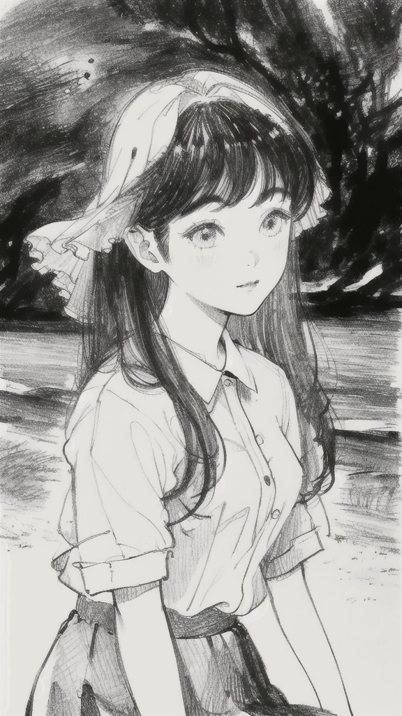 One Girl,Line art,Monochrome,sketch,Pencil drawing,Traditional Media,One Girl, skirt,Cute  Girls, ,Beautiful portrait、Delicate body、Black Hair、Black Hair,landscape